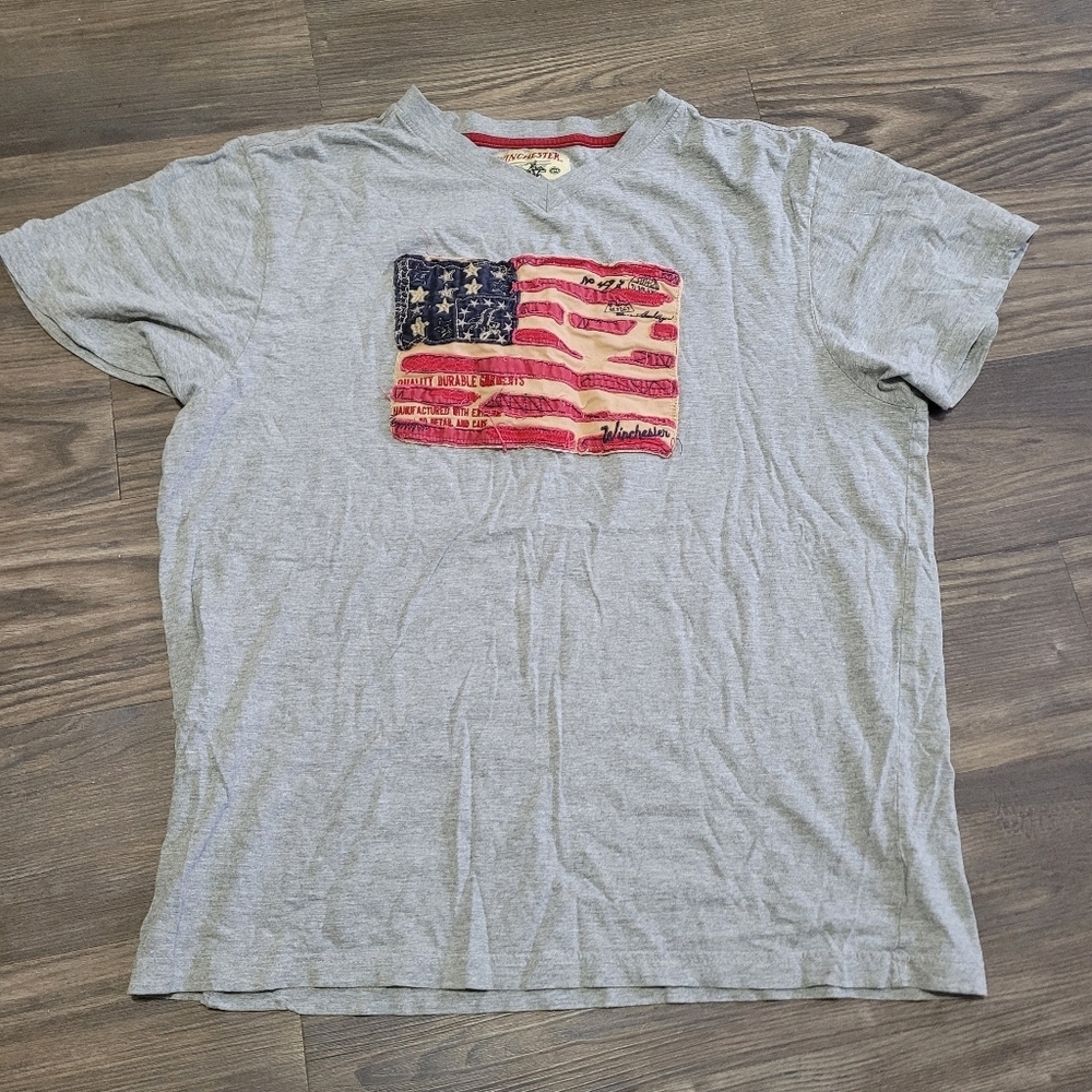 Winchester Mens Shirt Size XL Gray Patriotic Flag Embroidered Cotton Tee